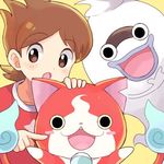  amano_keita blush_stickers brown_eyes brown_hair cat fangs ghost jibanyan lowres mei_(maysroom) multiple_tails notched_ear open_mouth purple_lips red_shirt shirt short_hair simple_background star t-shirt tail two_tails whisper_(youkai_watch) yellow_background youkai youkai_watch 