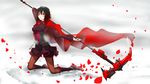  absurdres black_hair cape highres looking_at_viewer pantyhose petals red_eyes rose_petals ruby_rose rwby scythe short_hair solo sushu 