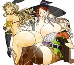  3girls amazon_(dragon's_crown) ass blush breasts brown_hair cleavage dragon&#039;s_crown dragon's_crown elf elf_(dragon's_crown) gigantic_breasts huge_ass looking_back matsu-sensei multiple_girls pointy_ears simple_background sorceress_(dragon's_crown) tattoo thick_thighs witch_hat 