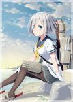  absurdres ayuya_naka_no_hito beach bird black_legwear blue_eyes blush bottle breasts cloud commentary_request day gloves gochou_(atemonai_heya) hair_ornament hair_over_one_eye hairclip hamakaze_(kantai_collection) highres kantai_collection looking_at_viewer medium_breasts outdoors pantyhose school_uniform serafuku short_hair short_sleeves silver_hair sitting skirt sky smile solo white_gloves 