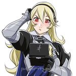  armor blonde_hair blush cape confused daniel_macgregor female_my_unit_(fire_emblem_if) fire_emblem fire_emblem_if gauntlets hairband handheld_game_console long_hair my_unit_(fire_emblem_if) nintendo nintendo_3ds pointy_ears red_eyes solo 