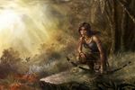  1girl blood bow bow_(weapon) brown_eyes brown_hair cloud earth fire lara_croft long_hair mountain open_mouth rain solo tank_top tomb_raider tree weapon 