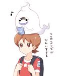  amano_keita backpack bag brown_eyes brown_hair eighth_note ghost mei_(maysroom) musical_note purple_lips randoseru red_shirt shirt short_hair simple_background smile star t-shirt tablet_pc translation_request upper_body whisper_(youkai_watch) white_background youkai youkai_pad youkai_watch 