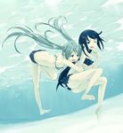  :d ;d air_bubble barefoot bent_over bikini bikini_top black_eyes black_hair bubble denim denim_shorts floating_hair freediving frilled_bikini frills green_eyes green_hair hide38 hug hug_from_behind legs long_hair mizuno_sachiko_(seabed) multiple_girls official_art one_eye_closed open_mouth seabed short_shorts shorts smile soles swimming swimsuit takako_(seabed) twintails underwater yuri 