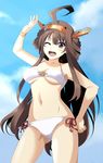  bikini black_eyes brown_hair double_bun hairband highres kantai_collection kongou_(kantai_collection) long_hair okuba one_eye_closed solo swimsuit 