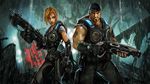  1boy 1girl anya_stroud armor bandanna blonde_hair gears_of_war gun highres manly marcus_fenix muscle rain tattoo weapon 