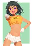  ass_visible_through_thighs blush brazil brazilian breasts clenched_hand crop_top dark_skin gloves green_hair idolmaster idolmaster_cinderella_girls looking_at_viewer medium_breasts midriff natalia_(idolmaster) navel open_mouth pettan_p purple_eyes short_hair short_shorts shorts smile solo sweat white_gloves 