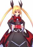  bad_id bad_pixiv_id blazblue blonde_hair bow commentary gii hair_ribbon highres long_hair long_sleeves looking_at_viewer pout pulling rachel_alucard red_bow red_eyes ribbon shirt skirt skirt_set solo ti-tang very_long_hair wide_sleeves 