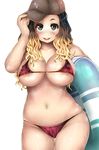  adjusting_clothes adjusting_hat baseball_cap belly bikini black_eyes black_hair blonde_hair blush breasts cleavage collarbone commentary_request covered_nipples cowboy_shot gradient_hair hat highres innertube ishikei_(style) large_breasts long_hair looking_at_viewer micro_bikini multicolored_hair navel original plump red_bikini riri_(narikeen) round_teeth smile solo stomach swimsuit teeth underboob wet white_background 