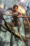  1girl arrow blue_eyes bow bow_(weapon) brown_hair fire lara_croft long_hair looking_at_viewer realistic solo tank_top tomb_raider tree weapon 