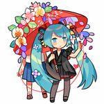  :o aqua_eyes aqua_hair blush flower full_body getiao hair_ribbon hatsune_miku long_hair lowres multiple_girls pantyhose parasol parted_lips petals red_string ribbon simple_background solo_focus standing string twintails umbrella very_long_hair vocaloid white_background 