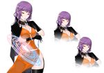  1girl arm_under_breasts between_breasts black_cape black_gloves breasts caladrius cape choker cleavage dress frilled_choker frills gloves large_breasts long_gloves long_hair official_art orange_dress orange_eyes purple_hair simple_background sophia_fulancelli test_tube thighhighs thighs yasuda_suzuhito 