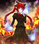 animal_ears artist_name bow braid cat_ears cat_tail crote extra_ears fire hair_bow hair_ornament hitodama kaenbyou_rin long_hair long_sleeves looking_at_viewer multiple_tails parted_lips pointing pointing_at_viewer pointy_ears puffy_sleeves red_eyes red_hair rock shirt skirt skirt_set skull solo tail touhou twin_braids 
