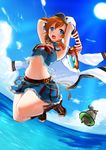  armpits arms_behind_head blue_eyes blue_skirt brown_hair cloud crop_top crop_top_overhang day detached_collar fisheye hat highres jacket_on_shoulders kitasaya_ai kousaka_honoka light_rays long_hair love_live! love_live!_school_idol_project midriff minami_kotori_(bird) navel one_side_up open_mouth open_toe_shoes shoes skirt sky solo sunbeam sunlight 