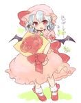 bat_wings blue_hair bouquet bow fang flower hat hat_bow mary_janes mob_cap open_mouth red_eyes remilia_scarlet shoes solo takamura touhou wings 