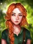  1girl absurdres arms_at_sides artist_name braid collared_shirt green_shirt highres leah_(stardew_valley) lips looking_at_viewer orange_hair purple_eyes shirt short_sleeves side_braid solo stardew_valley yanting_sun 