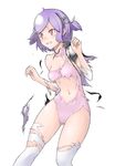  1girl arm_warmers breasts caladrius cecilia_nel_albright leotard navel official_art pink_eyes pink_leotard purple_hair short_hair simple_background skin_tight small_breasts solo thighhighs thighs torn_cape torn_clothes torn_leotard torn_thighhighs yasuda_suzuhito 