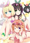  3girls :o ;d back-to-back balloon bangs bare_legs bare_shoulders barefoot bikini black_hair blonde_hair blue_eyes blush bracelet breasts breasts_apart collarbone commentary_request crown eyebrows_visible_through_hair eyewear_on_head flower frilled_bikini frills front-tie_bikini front-tie_top gochuumon_wa_usagi_desu_ka? green_bikini green_eyes hair_between_eyes hair_flower hair_ornament hairband halter_top halterneck highres himarisu_(hida_mari) honeycomb_(pattern) honeycomb_background hoto_cocoa jewelry kirima_sharo knees_up large_breasts long_hair looking_at_viewer looking_back lying medium_breasts multiple_girls on_stomach one_eye_closed open_mouth orange-framed_eyewear orange_hair parted_lips purple_bikini purple_eyes red_bikini red_flower short_hair sidelocks sitting smile strap_gap stuffed_animal stuffed_bunny stuffed_toy sunglasses swimsuit thighs ujimatsu_chiya yellow_flower 