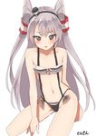  amatsukaze_(kantai_collection) artist_name bikini blush brown_eyes collarbone commentary_request flat_chest grey_hair hat kantai_collection long_hair looking_at_viewer mini_hat navel open_mouth sensen simple_background solo swimsuit two_side_up white_background 