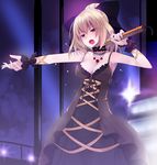  adapted_costume alternate_costume arm_ribbon blonde_hair blush breasts brown_eyes choker cleavage crote dress hair_bun hair_ornament hair_ribbon highres jewelry kurodani_yamame layered_dress light medium_breasts music necklace open_mouth outstretched_arm ribbon short_hair singing sleeveless solo touhou wrist_cuffs 