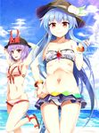  adapted_costume armpits bikini bikini_skirt blue_hair breasts doyagao e.o. flat_chest food fruit hat highres hinanawi_tenshi long_hair multiple_girls nagae_iku peach purple_hair red_eyes short_hair smile swimsuit touhou 