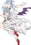  bat_wings blue_hair dress evil_grin evil_smile fangs full_body grin hat hat_ribbon high_heels highres kneehighs layered_dress looking_at_viewer mob_cap n9+ outstretched_arms red_eyes remilia_scarlet ribbon sash short_hair simple_background smile solo touhou white_background white_legwear wings wrist_cuffs 