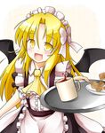  aka_tawashi alternate_costume apron ascot bat_wings blonde_hair blush enmaided frills kurumi_(touhou) long_hair looking_at_viewer maid maid_headdress open_mouth puffy_sleeves short_sleeves smile solo touhou touhou_(pc-98) wings yellow_eyes 