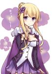  :o absurdres blonde_hair breasts cape cleavage cleavage_cutout dress finger_to_chin flower flower_knight_girl hair_bun hair_flower hair_ornament highres looking_at_viewer medium_breasts parted_lips purple saintpaulia_(flower_knight_girl) solo tsuchikure twitter_username 