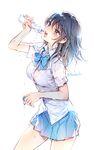  black_hair blue_eyes blush breasts long_hair medium_breasts nardack open_mouth original ramune school_uniform see-through simple_background sketch skirt solo twitter_username wet wet_clothes white_background 