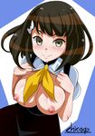  :&gt; artist_name blue_background blush bow breasts breasts_outside brown_eyes brown_hair gatchaman_crowds hair_bow ichinose_hajime large_breasts looking_at_viewer nipples open_clothes open_shirt outline ribbon shikapu shiny shiny_clothes shiny_hair shiny_skin shirt short_hair signature skirt smile solo 