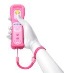  1girl 3d gloves princess_peach promotional_art remote_control simple_background super_mario_bros. wii wii_remote wrist_strap 