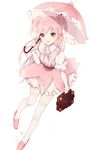  bag cherry_blossom_cookie cookie_run full_body long_hair long_sleeves looking_at_viewer lpip parasol personification pink pink_hair pink_skirt pink_umbrella red_eyes skirt smile solo thighhighs two_side_up umbrella 