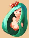  aqua_hair breasts cleavage cookie_run flower hair_flower hair_ornament large_breasts long_hair looking_at_viewer personification red_eyes solo tiger_lily_cookie very_long_hair yabby 