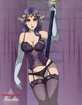  a_link_between_worlds black_legwear breasts cleavage garter_straps gloves lipstick looking_at_viewer makeup pointy_ears princess_hilda purple_hair purple_lipstick r3dfive red_eyes staff the_legend_of_zelda the_legend_of_zelda:_a_link_between_worlds thighhighs wide_hips 