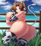  animal_print ass bare_shoulders borrowed_character bow breasts brown_eyes brown_hair cow_girl cow_print cow_tail elbow_gloves gloves grass hair_bow horuta_suin huge_breasts lactation looking_at_viewer original pussy short_hair smile solo sweat tail tail_raised thick_thighs thighhighs thighs twintails umigarasu_(magipro) 