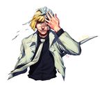  bad_id bad_pixiv_id bleach blonde_hair formal grin highres hirako_shinji male_focus necktie signature smile solo suit sword tangsong upper_body weapon yellow_eyes 