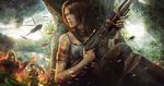  1girl bow bow_(weapon) brown_eyes brown_hair earth gun hiding lara_croft long_hair looking_at_viewer realistic shotgun sky solo tank_top tomb_raider tree weapon 