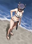  anklet azasuke beach belly_grab bikini breasts cleavage commentary_request feet headgear jewelry kantai_collection large_breasts navel necktie necktie_removed pinching plump purple_hair sandals short_hair solo striped striped_neckwear swimsuit tenryuu_(kantai_collection) toes weight_conscious 