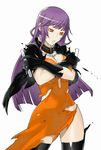  1girl between_breasts black_cape black_gloves breast_press breasts caladrius cape choker cleavage dress female frilled_choker frills gloves large_breasts long_gloves long_hair official_art orange_dress orange_eyes purple_hair simple_background solo sophia_fulancelli test_tube thighhighs thighs torn_clothes torn_dress yasuda_suzuhito 