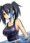  armpits black_hair blue_eyes blush breasts heterochromia large_breasts looking_at_viewer megane_man multicolored_hair one-piece_swimsuit red_eyes sketch solo swimsuit twintails utau yokune_ruko 