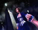  1boy 1girl bioshock bioshock_infinite blood blue_eyes booker_dewitt brown_hair dress elizabeth_(bioshock_infinite) hand_holding lighthouse looking_at_viewer necklace night star 