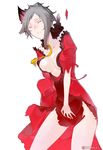  1girl breasts caladrius center_opening cleavage dress eyes_closed grey_hair milia_marivene official_art red_dress ribbon simple_background solo thighs torn_clothes torn_dress torn_skirt yasuda_suzuhito 