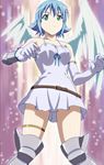  blue_hair dress gradient gradient_background green_eyes highres nanael queen&#039;s_blade queen's_blade short_dress short_hair solo stitched striped_background white_dress white_wings wings 