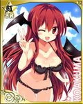  ;d bikini black_bikini black_wings blush border breasts cameltoe card_(medium) character_name cleavage frilled_bikini frills front-tie_top hair_between_eyes head_wings koakuma large_breasts leaning_forward long_hair maturiuta_sorato navel one_eye_closed open_mouth red_eyes red_hair smile solo sparkle swimsuit touhou v very_long_hair wings 