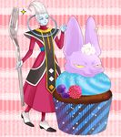  :3 bad_id bad_pixiv_id beerus blue_skin cupcake dragon_ball dragon_ball_z dragon_ball_z_kami_to_kami earrings food fork full_body jewelry k_(kktkk) long_hair male_focus multiple_boys oversized_object purple_eyes smile whis white_hair 