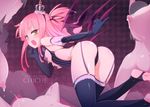  ass black_gloves black_legwear blush breasts chichi_yuri_girls cover crown demon_girl demon_wings elbow_gloves garter_straps gloves hair_ornament homura_subaru lactation long_hair looking_at_viewer multiple_girls nipples one_side_up open_mouth pasties pink_hair small_breasts smile solo_focus star_pasties striped succubus thighhighs vertical_stripes wings yellow_eyes 