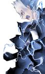  1boy angry black_gloves caladrius cloak electricity gloves graham_galdias_baladin grey_eyes grey_hair lightning_bolt official_art simple_background solo spiked_hair yasuda_suzuhito 