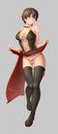  1girl bare_shoulders belt blush breasts brown brown_hair cape cleavage corset grey_background looking_at_viewer multicolored_hair navel panties red_hair ruby_rose rwby shonomi short_hair silver_eyes simple_background smile solo thigh_gap thighhighs underwear upskirt 