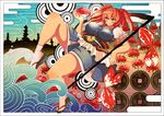  blue_dress blue_sky border breasts coin covered_nipples dress egasumi expressionless fish flower hand_up large_breasts leg_up legs light looking_up md5_mismatch obi onozuka_komachi polearm puffy_short_sleeves puffy_sleeves red_eyes red_hair sash scythe shiny shiny_hair short_dress short_sleeves silhouette sky socks solo spider_lily statue t_a_k_e tabi thick_thighs thighs touhou two_side_up waves weapon 