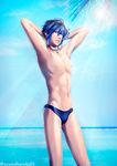  azuma_haruka blue_eyes blue_hair day kaito male_focus male_swimwear solo swim_briefs swimwear vocaloid 